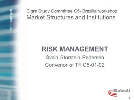 1 Cigre Study Committee C5- Brazilia workshop Market Structures and Institutions RISK MANAGEMENT Svein Storstein Pedersen Convenor of TF C5-01-02.