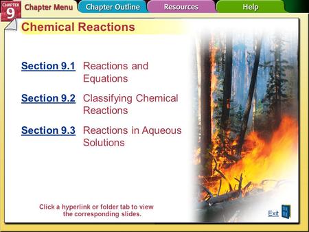 Chapter Menu Chemical Reactions Section 9.1Section 9.1Reactions and Equations Section 9.2Section 9.2 Classifying Chemical Reactions Section 9.3Section.