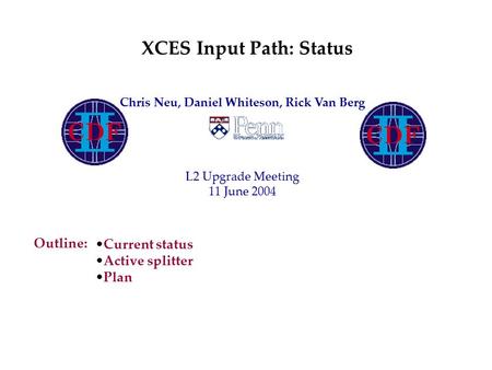 Outline: Current status Active splitter Plan Chris Neu, Daniel Whiteson, Rick Van Berg L2 Upgrade Meeting 11 June 2004 XCES Input Path: Status.