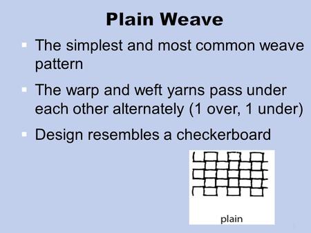 Plain Weave The simplest and most common weave pattern