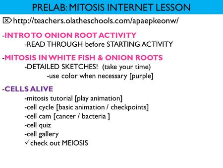 PRELAB: MITOSIS INTERNET LESSON