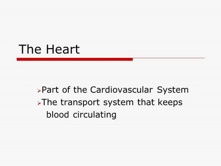 The Heart  Part of the Cardiovascular System  The transport system that keeps blood circulating.
