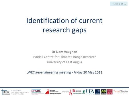 Identification of current research gaps Dr Nem Vaughan Tyndall Centre for Climate Change Research University of East Anglia LWEC geoengineering meeting.