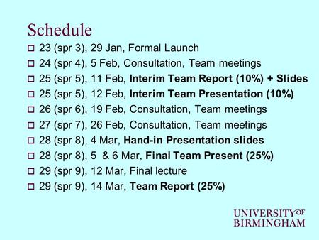 Schedule  23 (spr 3), 29 Jan, Formal Launch  24 (spr 4), 5 Feb, Consultation, Team meetings  25 (spr 5), 11 Feb, Interim Team Report (10%) + Slides.
