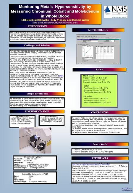 Printed by www.postersession.com Monitoring Metals Hypersensitivity by Measuring Chromium, Cobalt and Molybdenum in Whole Blood Elzbieta (Ela) Bakowska,