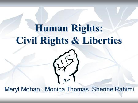 Human Rights: Civil Rights & Liberties Meryl Mohan Monica Thomas Sherine Rahimi Meryl Mohan Monica Thomas Sherine Rahimi.
