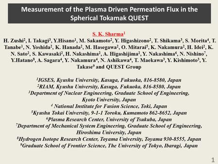 Measurement of the Plasma Driven Permeation Flux in the Spherical Tokamak QUEST S. K. Sharma 1 H. Zushi 2, I. Takagi 3, Y.Hisano 1, M. Sakamoto 2, Y. Higashizono.