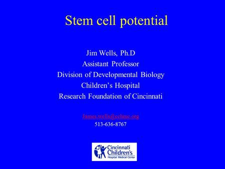 Jim Wells, Ph.D Assistant Professor Division of Developmental Biology Children’s Hospital Research Foundation of Cincinnati 513-636-8767.