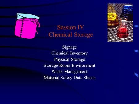 Session IV Chemical Storage Signage Chemical Inventory Physical Storage Storage Room Environment Waste Management Material Safety Data Sheets.