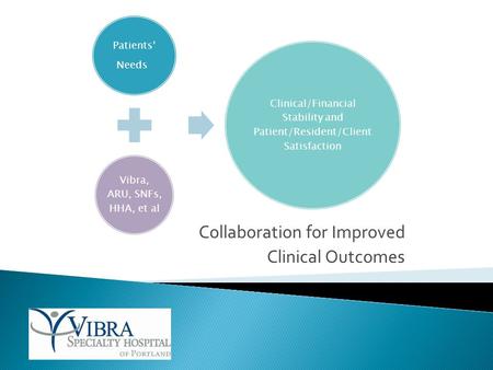 Collaboration for Improved Clinical Outcomes Patients’ Needs Vibra, ARU, SNFs, HHA, et al Clinical/Financial Stability and Patient/Resident/Client Satisfaction.