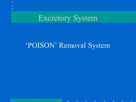 Excretory System ‘POISON’ Removal System. Function: 1.Get rid of waste 2.Get rid of useless by-products excreted by cell 3. Get rid of harmful chemical.