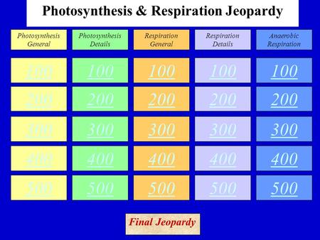 Photosynthesis & Respiration Jeopardy