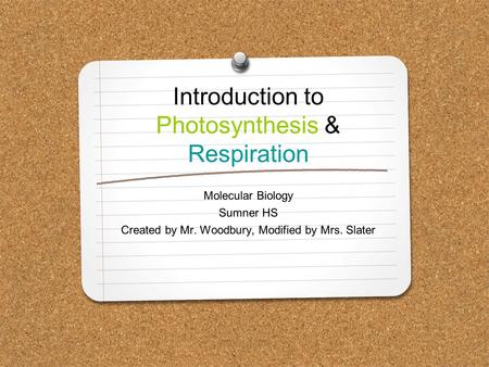 Introduction to Photosynthesis & Respiration Molecular Biology Sumner HS Created by Mr. Woodbury, Modified by Mrs. Slater.