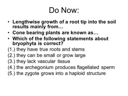 Do Now: Lengthwise growth of a root tip into the soil results mainly from… Cone bearing plants are known as… Which of the following statements about bryophyta.