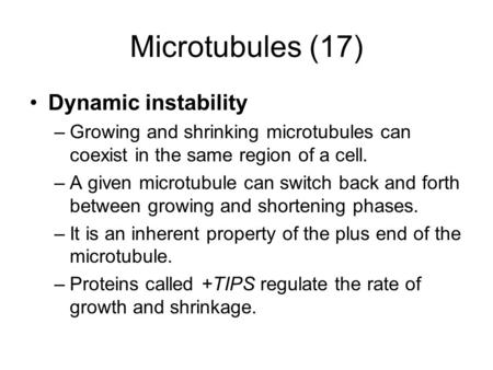 Microtubules (17) Dynamic instability –Growing and shrinking microtubules can coexist in the same region of a cell. –A given microtubule can switch back.