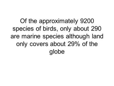 Of the approximately 9200 species of birds, only about 290 are marine species although land only covers about 29% of the globe.