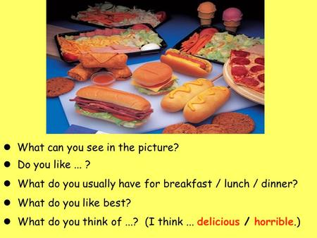 Do you like... ? What do you usually have for breakfast / lunch / dinner? What do you like best? What do you think of...? (I think... delicious / horrible.)