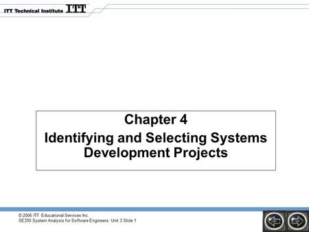 © 2006 ITT Educational Services Inc. SE350 System Analysis for Software Engineers: Unit 3 Slide 1 Chapter 4 Identifying and Selecting Systems Development.