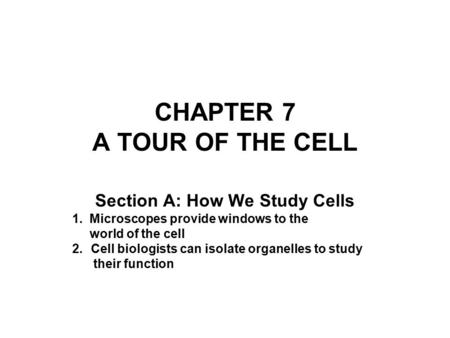 CHAPTER 7 A TOUR OF THE CELL Section A: How We Study Cells 1. Microscopes provide windows to the world of the cell 2.Cell biologists can isolate organelles.