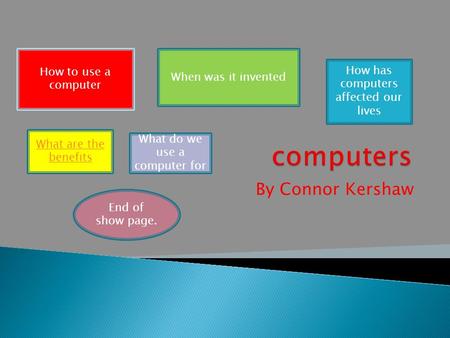 By Connor Kershaw How to use a computer When was it invented How has computers affected our lives What are the benefits What do we use a computer for End.
