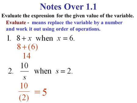 Notes Over 1.1 Evaluate the expression for the given value of the variable. Evaluate - means replace the variable by a number and work it out using order.