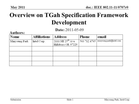 Doc.: IEEE 802.11-11/0707r0 Submission May 2011 Minyoung Park, Intel Corp.Slide 1 Overview on TGah Specification Framework Development Date: 2011-05-09.