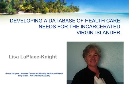 DEVELOPING A DATABASE OF HEALTH CARE NEEDS FOR THE INCARCERATED VIRGIN ISLANDER Lisa LaPlace-Knight Grant Support: National Center on Minority Health and.