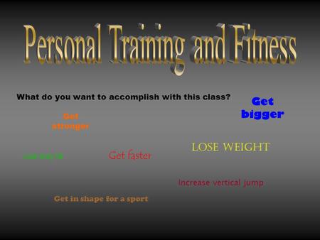 What do you want to accomplish with this class? Get stronger Lose weight Get bigger Lose body fat Get in shape for a sport Increase vertical jump Get faster.