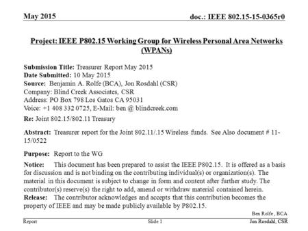 Report doc.: IEEE 802.15-15-0365r0 May 2015 Slide 1 Project: IEEE P802.15 Working Group for Wireless Personal Area Networks (WPANs) Submission Title: Treasurer.