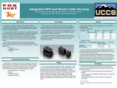 Integrated GPS and Shock Collar Housing Nathanael Skiver, Brent Berg, Blaine Hutchinson, and Ryan Pedersen Advised by: Dr. Peter Gorder and Dr. Valmiki.