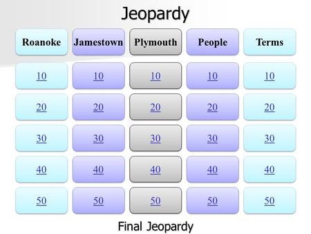 Jeopardy Final Jeopardy Roanoke Jamestown Plymouth People Terms 10 10