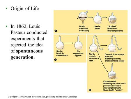 Copyright © 2002 Pearson Education, Inc., publishing as Benjamin Cummings Origin of Life In 1862, Louis Pasteur conducted experiments that rejected the.
