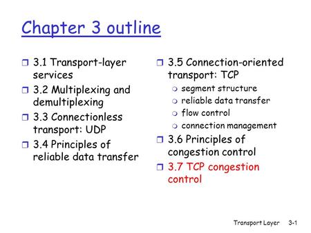 Transport Layer3-1 Chapter 3 outline r 3.1 Transport-layer services r 3.2 Multiplexing and demultiplexing r 3.3 Connectionless transport: UDP r 3.4 Principles.