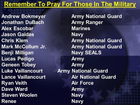 Remember To Pray For Those In The Military Andrew BokmeyerArmy National Guard Jonathan DuBachArmy Ranger Alex EscobarMarines Jason GaidasNavy Chris KlemArmy.