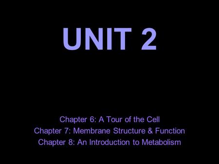 UNIT 2 Chapter 6: A Tour of the Cell Chapter 7: Membrane Structure & Function Chapter 8: An Introduction to Metabolism.