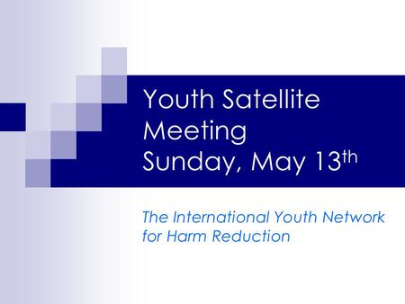 Youth Satellite Meeting Sunday, May 13 th The International Youth Network for Harm Reduction.