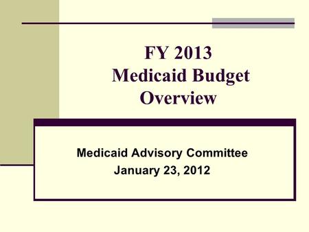 FY 2013 Medicaid Budget Overview Medicaid Advisory Committee January 23, 2012.