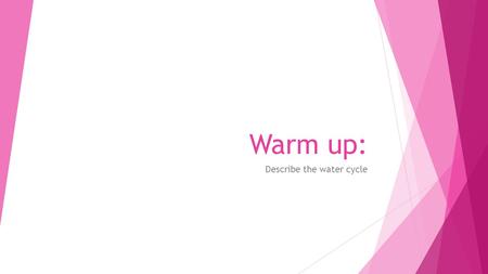 Warm up: Describe the water cycle. Objective:  Describe the water cycle  The purpose: to know water on Earth is distributed and circulated through oceans,