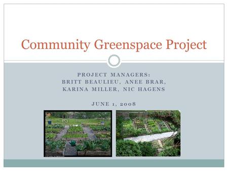 PROJECT MANAGERS: BRITT BEAULIEU, ANEE BRAR, KARINA MILLER, NIC HAGENS JUNE 1, 2008 Community Greenspace Project.