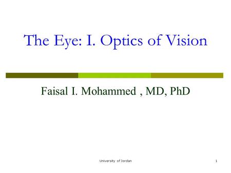 The Eye: I. Optics of Vision