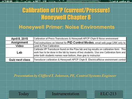 Calibration of I/P (current/Pressure) Honeywell Chapter 8 InstrumentationELC-213Today Presentation by Clifford T. Johnson, PE, Control Systems Engineer.