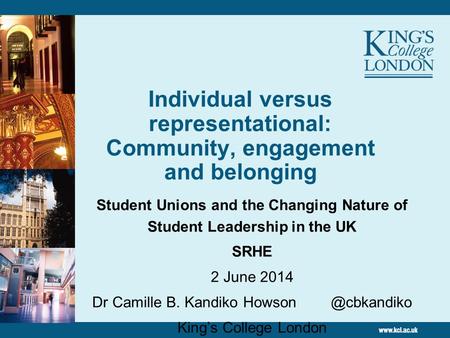 Individual versus representational: Community, engagement and belonging Student Unions and the Changing Nature of Student Leadership in the UK SRHE 2 June.