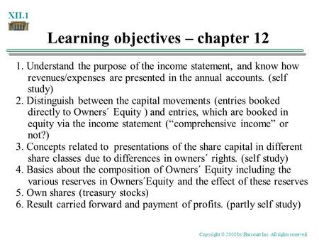 XII.1 Learning objectives – chapter 12 1. Understand the purpose of the income statement, and know how revenues/expenses are presented in the annual accounts.