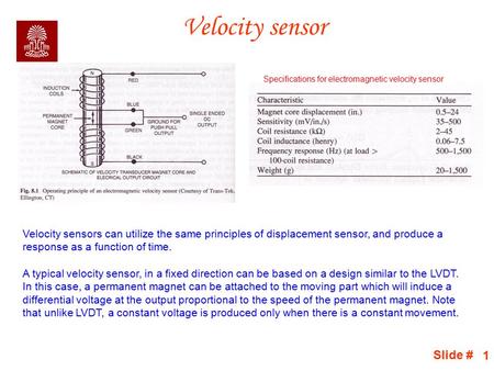 Slide # 1 Velocity sensor Specifications for electromagnetic velocity sensor Velocity sensors can utilize the same principles of displacement sensor, and.