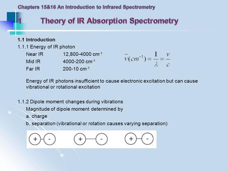 1.1 Introduction 1.1.1 Energy of IR photon Near IR 12,800-4000 cm -1 Mid IR4000-200 cm -1 Far IR200-10 cm -1 Energy of IR photons insufficient to cause.