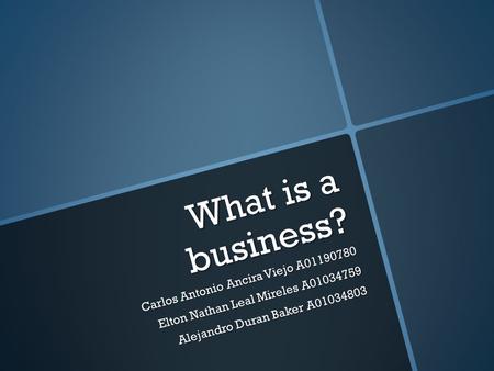 What is a business? Carlos Antonio Ancira Viejo A01190780 Elton Nathan Leal Mireles A01034759 Alejandro Duran Baker A01034803.