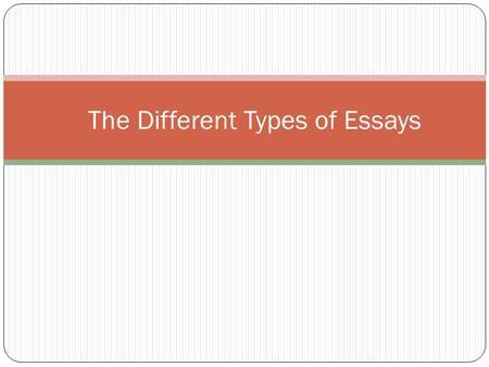 The Different Types of Essays. First of all…what is an essay? An essay is a short piece of writing that discusses, describes, or analyze a specific topic.