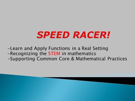 -Learn and Apply Functions in a Real Setting -Recognizing the STEM in mathematics -Supporting Common Core & Mathematical Practices.