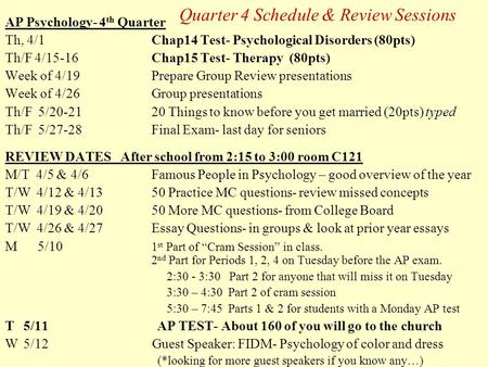 Quarter 4 Schedule & Review Sessions AP Psychology- 4 th Quarter Th, 4/1 Chap14 Test- Psychological Disorders (80pts) Th/F 4/15-16 Chap15 Test- Therapy.