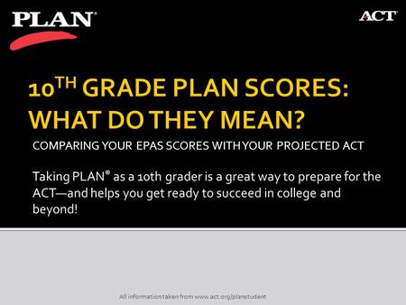 COMPARING YOUR EPAS SCORES WITH YOUR PROJECTED ACT Taking PLAN ® as a 10th grader is a great way to prepare for the ACT—and helps you get ready to succeed.